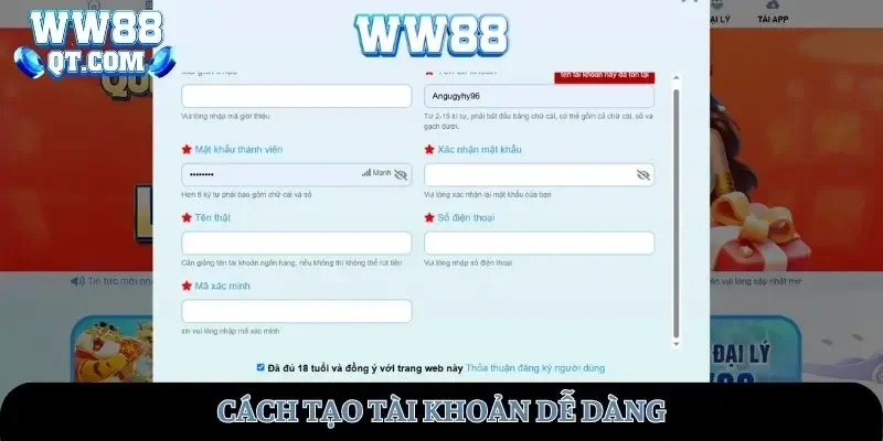 Hướng dẫn WW88 tạo tài khoản dễ dàng